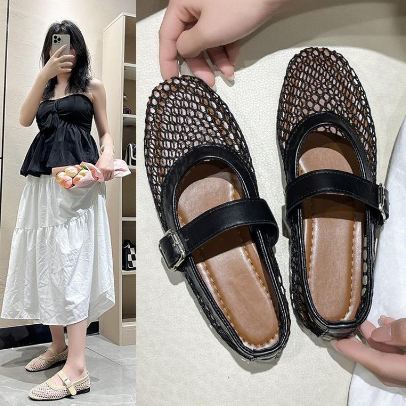 Large size word with mesh low heel fashion casual single shoes women's summer new fishing net socks sandals women
