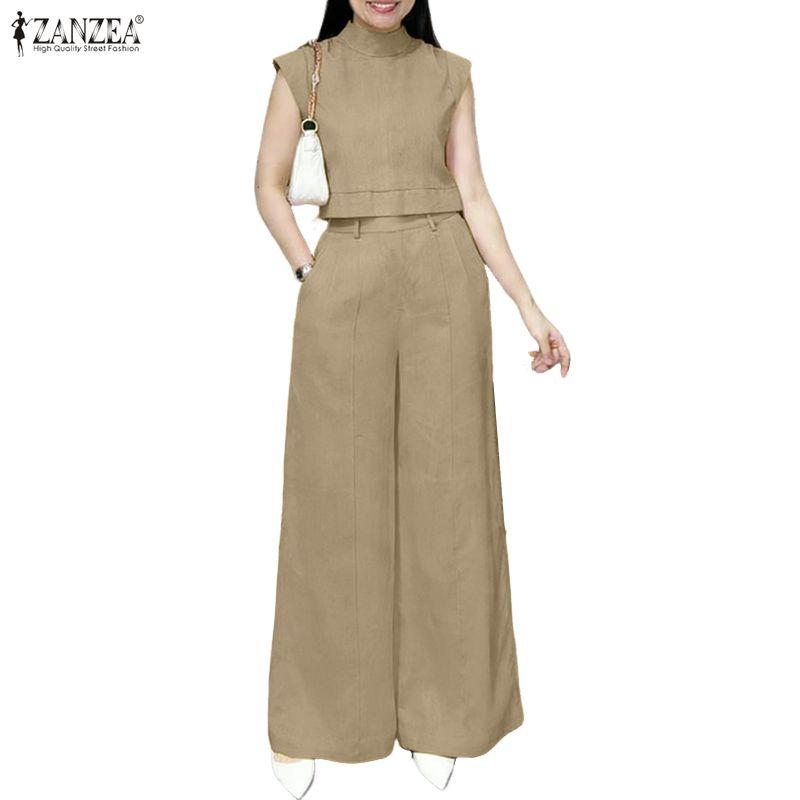 ZANZEA Women Sleeveless Vest Tops and Wide Leg Pants Summer Two Piece Suit Sets