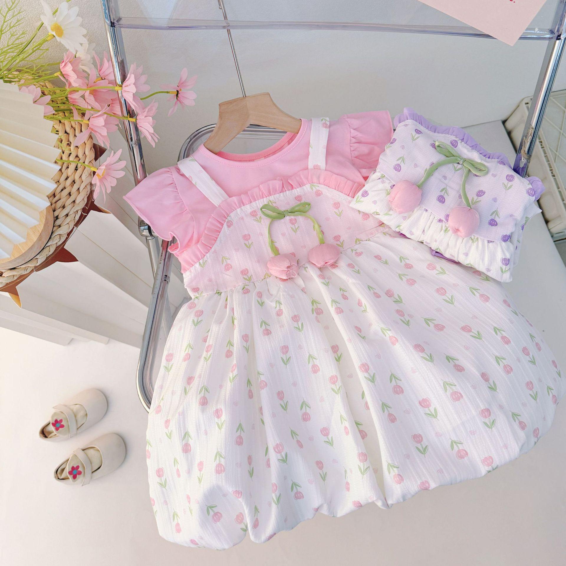 Baby Girl Summer Thin Floral Print Dress Set Cute Casual Two Piece Outfit For Infant Toddler Kids Fashion Clothing 80cm розовый