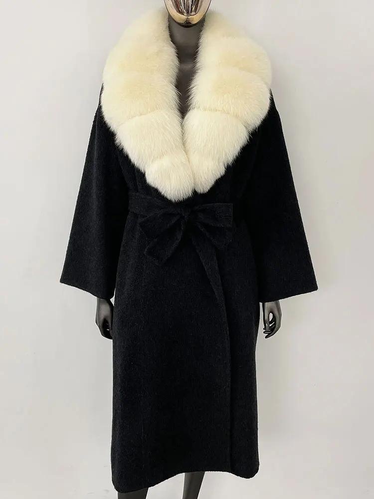 OFTBUY Kabát z pravé kožešiny 2024 Nadměrný dámský svrchní oděv Zimní dámská bunda s límcem z přírodní liščí kožešiny Kapuce Kašmírová vlněná směs Kabát