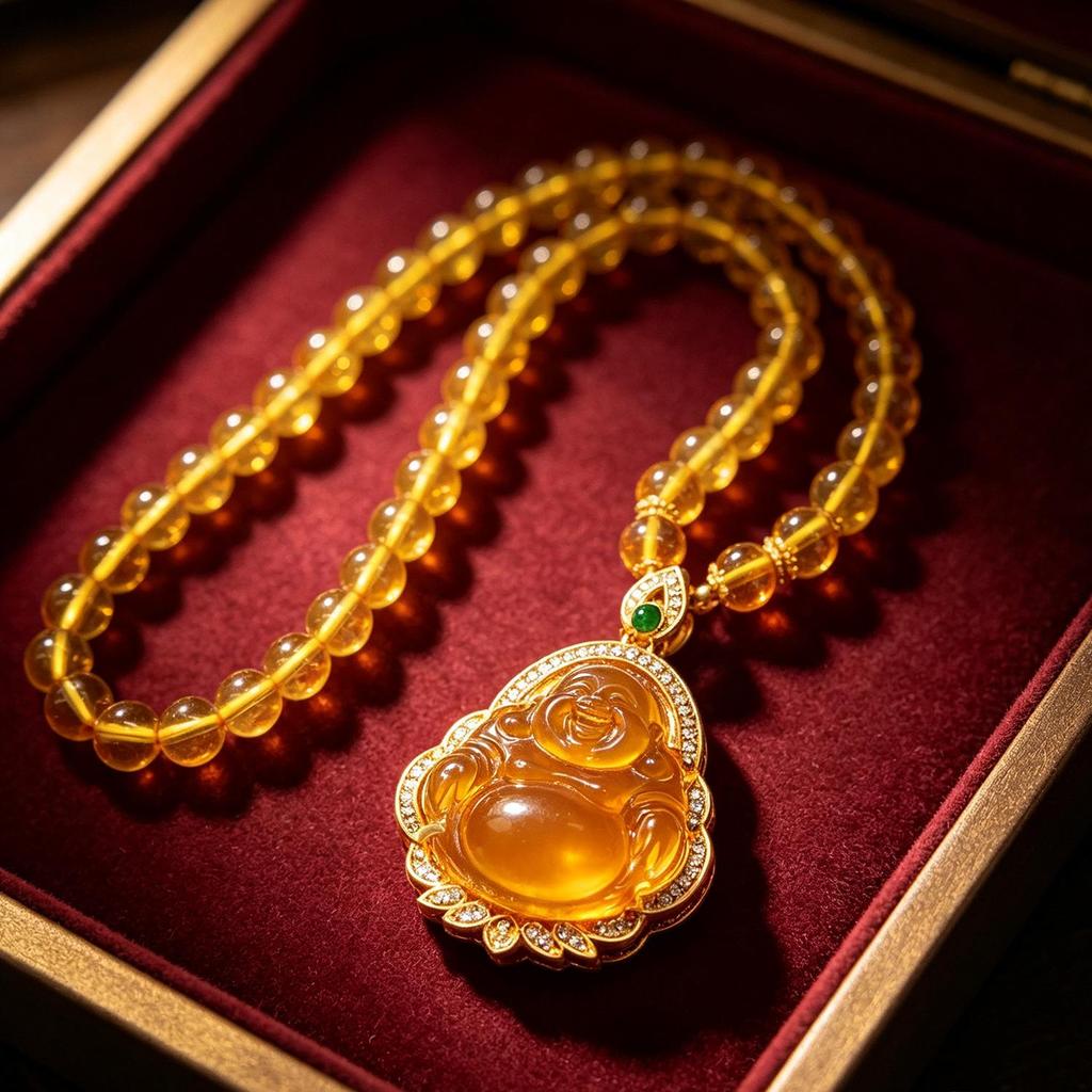 Live-Streamed Best-Selling Imitation Chalcedony & Citrine Guanyin Buddha Pendant with Unisex Maitreya Bead Necklace