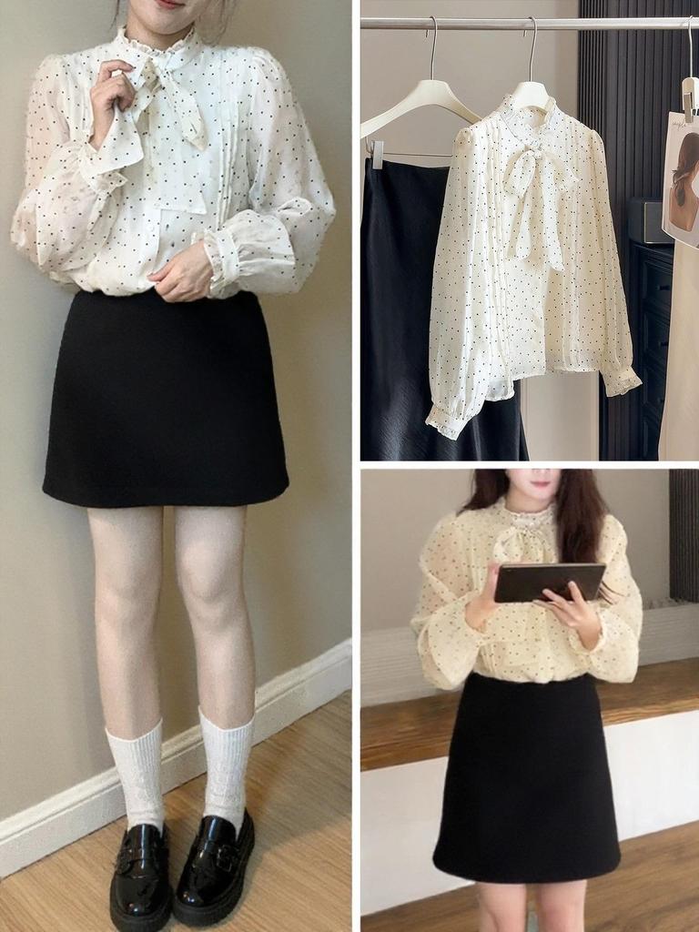 Women's Trendy Polka Dot Bow Lace-Up Shirt, Spring/Summer 2026 - Slim Fit, Long Sleeve