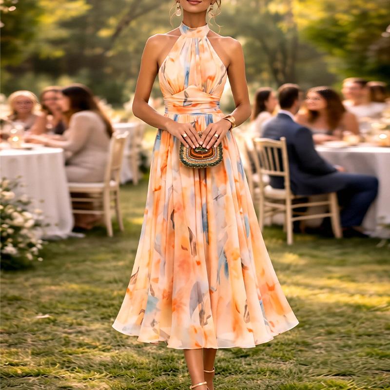 Spring New, Elegant Vacation Print Neck Sleeveless Dress Long Dress