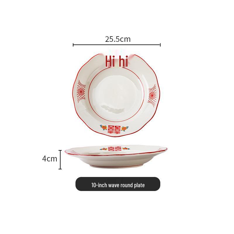 Set di Piatto Rotondo Rosso Ceramica Retrò Doppia Felicità - Piatto Basso, Piatto Piatto, Piatto per Hot Pot, Piatto per Carne, Piatto per Salsa e Piatto per Pesce per Tavola da Ristorante.