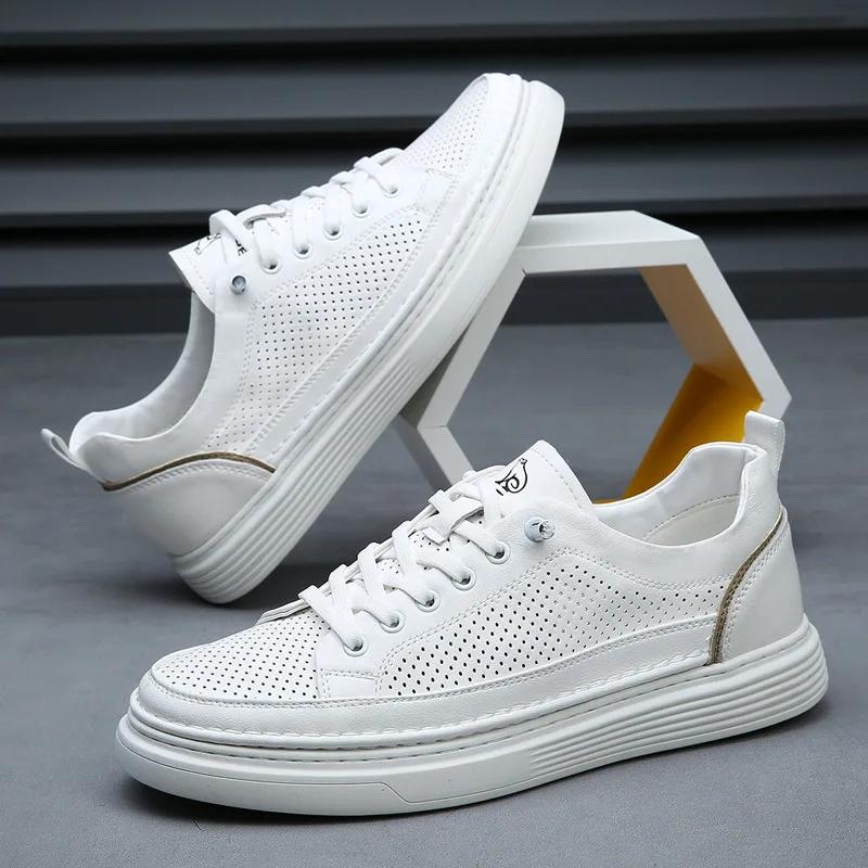 Neue Herren Freizeit-Schuhe aus echtem Leder Atmungsaktiv Mikroporös Flache Skate-Schuhe Schnür-Sneaker