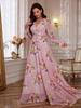 European Chiffon Print Slimming Lantern Sleeve Evening Dress