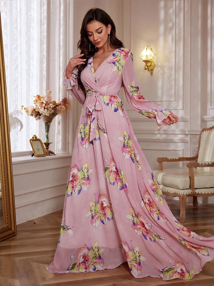 European Chiffon Print Slimming Lantern Sleeve Evening Dress