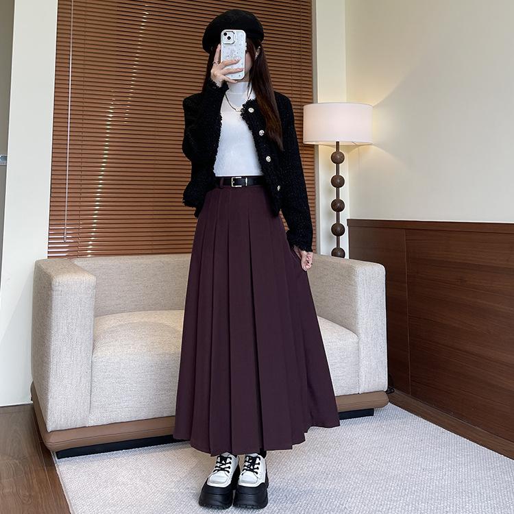 Saia Plissada Feminina de Outono de Cintura Alta Emagrecedora com Saia Cheia, Elegante Saia JK de Comprimento Médio