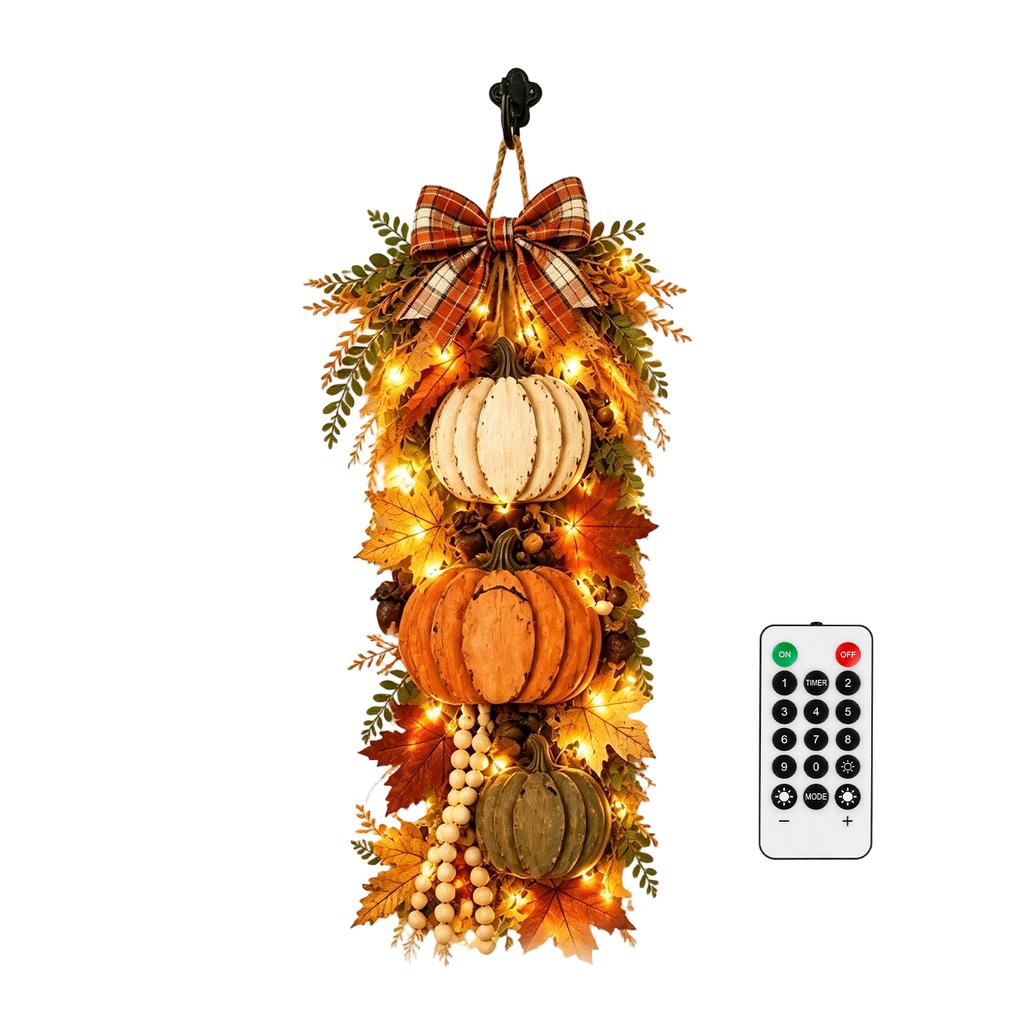 Rustic Wooden Pumpkin Door Hanging with Warm Lights for Fall Home Decor