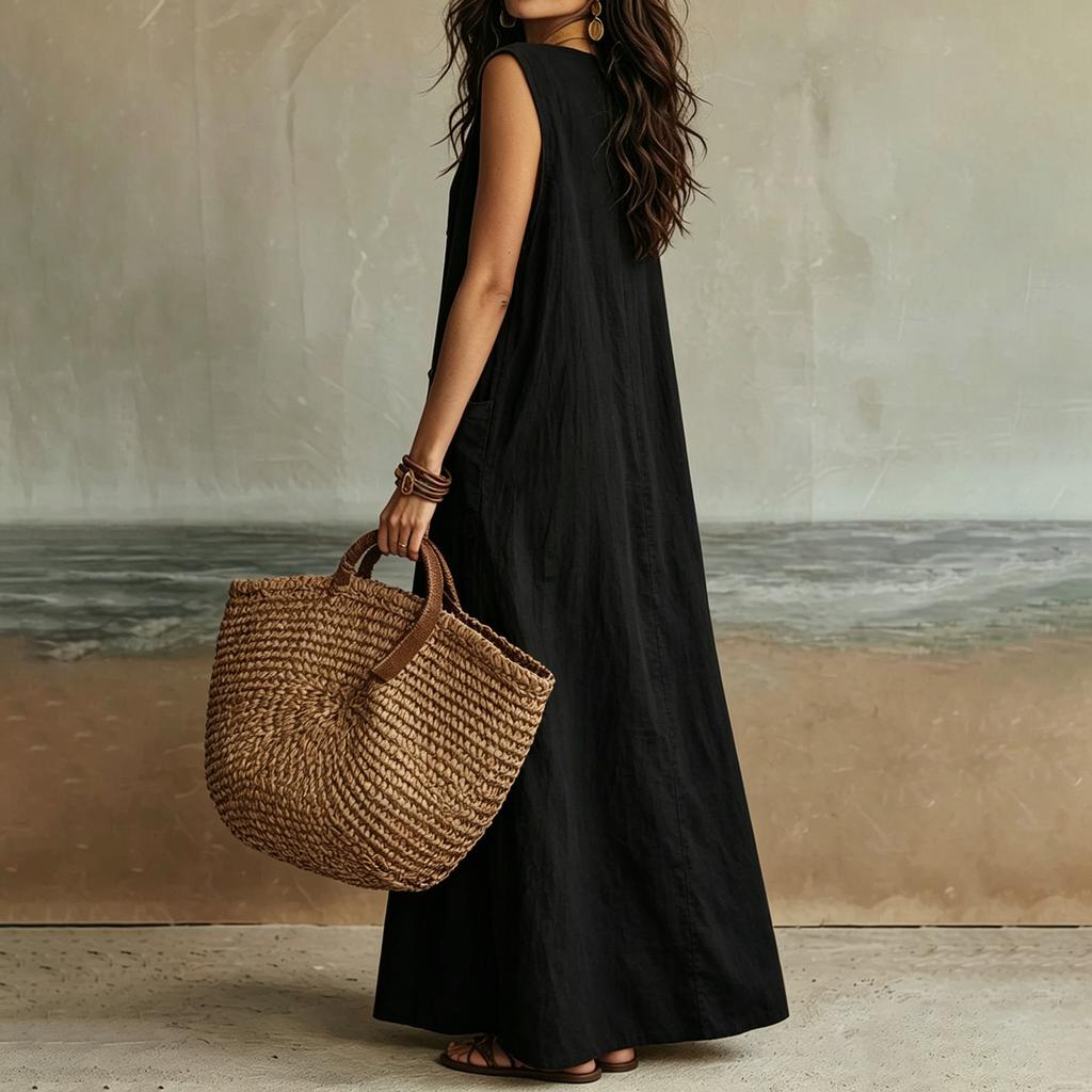 Women Sleeveless Bohemian Button Down Pocket Casual Long Shirt Dress Lightweight Loose Fit Summer Maxi Dress