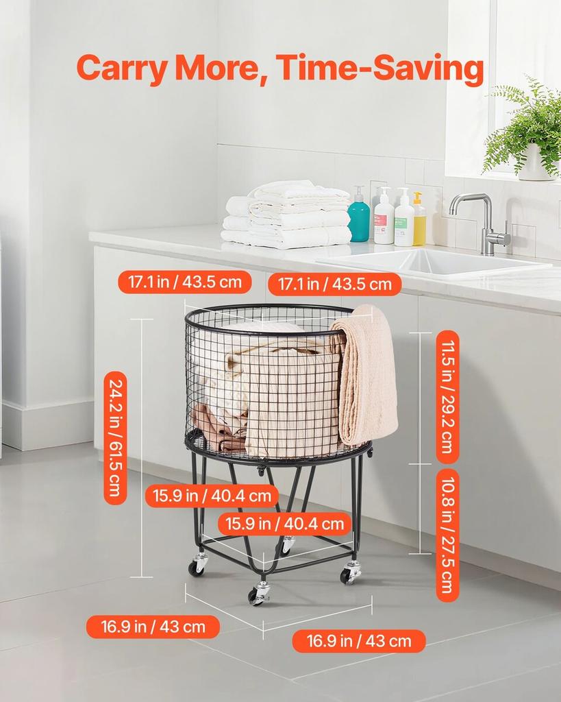 Laundry Cart, Rolling Round Grocery Utility Cart with 360° Swivel Wheels, 27 KG Large Load Capacity, Heavy Duty Carbon Steel Shopping Basket for