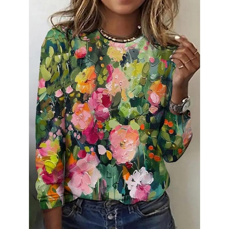 Fashionable women s retro flower pattern round neck long sleeved T-shirt XS