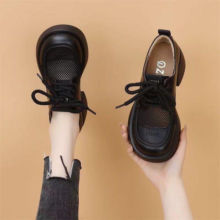 Lace-up thick-heeled small leather shoes for women in the summer of 2025, new breathable mesh single shoes, thick-soled heightening work loafers
