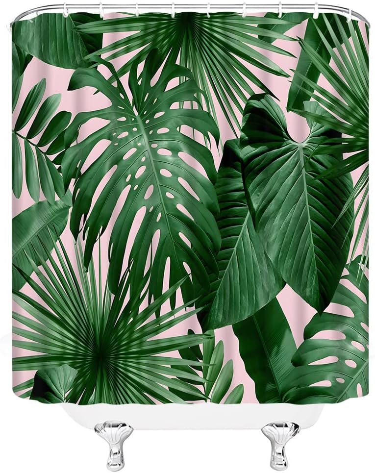 Tropical Leaves Shower Curtain Green Plant Palm Monstera Banana Leaf Botanical Summer Jungle Modern Nature Fabric Bathroom