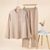 10 pure cotton double-layer gauze pleated texture couple long-sleeved pajamas loungewear plain and elegant leisurely set