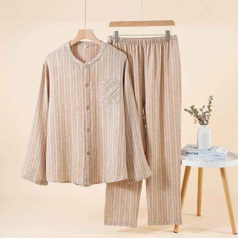 10 pure cotton double-layer gauze pleated texture couple long-sleeved pajamas loungewear plain and elegant leisurely set