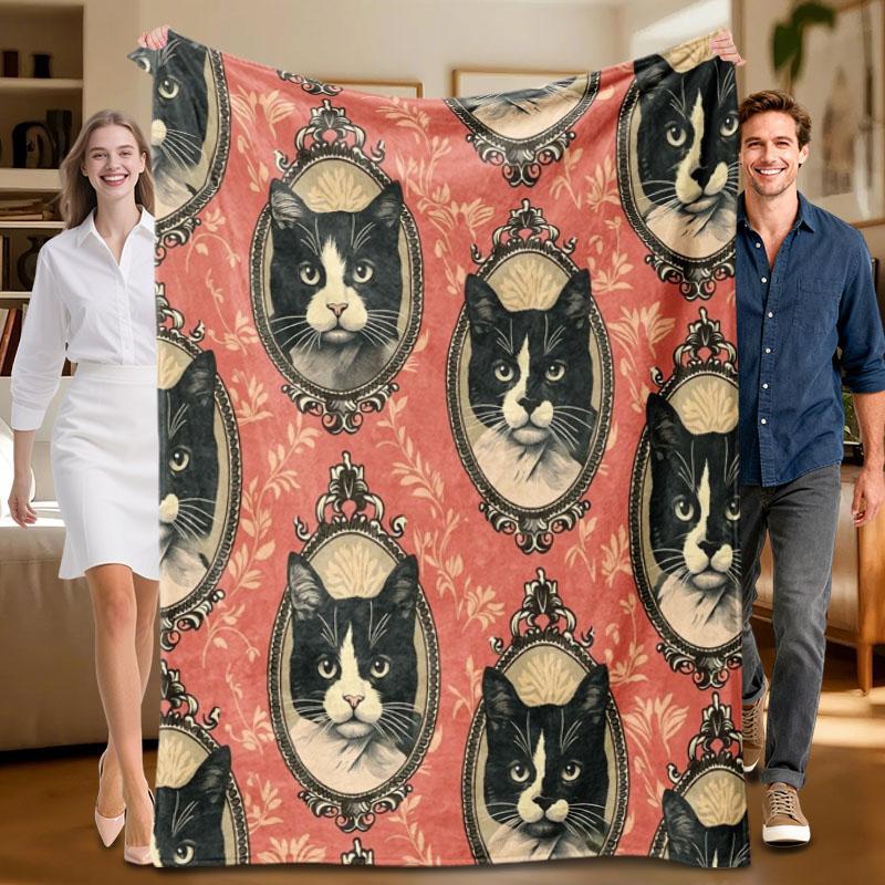 

1 piece black cat portrait coral flannel blanket, soft, suitable for sofa, bed, office, all-season use. 70x100cm
