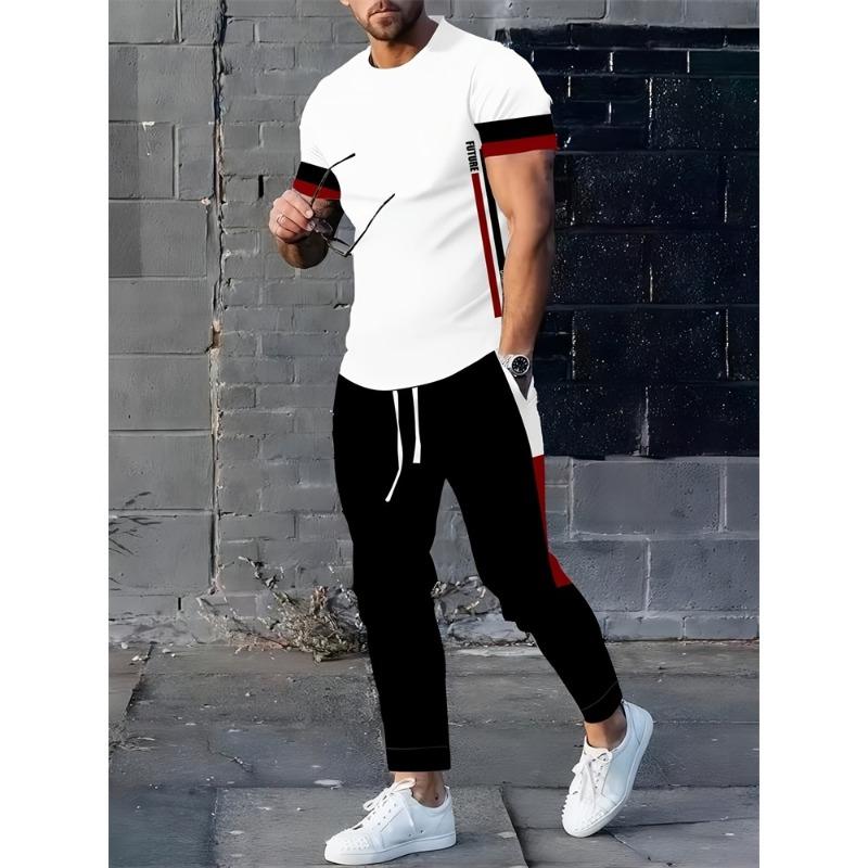 Letter Print Men's Autumn Warm Suit, Black And Brown Short-sleeved Top + Long Pants, Fashionable And Casual Two-piece Set