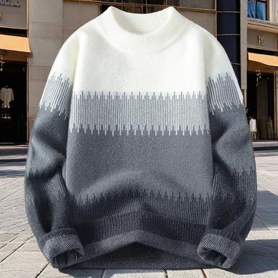 Suéter de punto con cuello alto y diseño de ondas degradadas para hombre Blanco Gris Holgado Cálido Jersey
