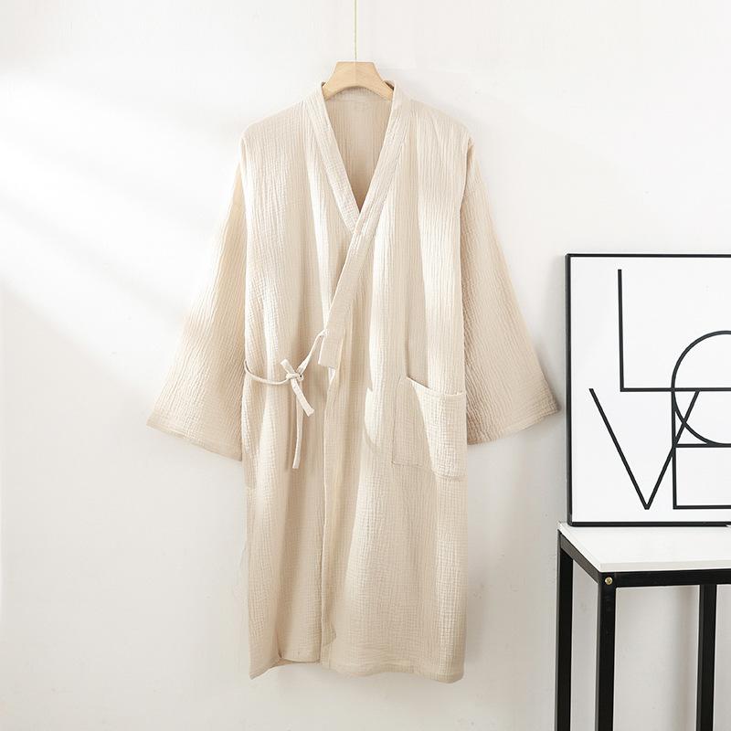 

Kimono Robes for Men s Sleepwear Cotton Yarn Bathrobe Tied Cardigan Thin Home Clothes Couple s Robes One Size бежевий
