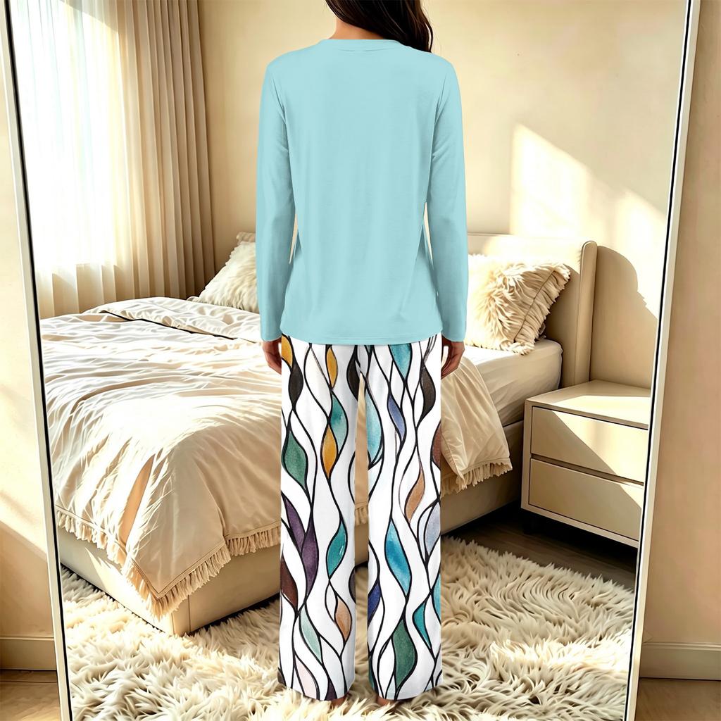 Women's V-Neck Loose Fit Printed Pajama Set with Pants Casual Sleepwear