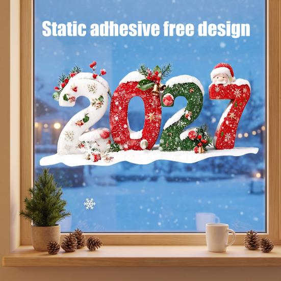 Reusable Christmas Shop Window Clings 2027 Static Clings, Snowman Snowflake Holly Glass Stickers, Digital Theme Decor Xmas Decals for Store