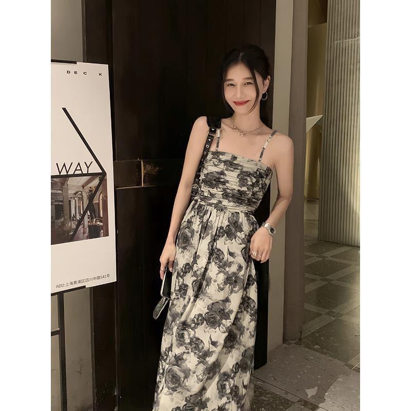 Shoulder Strap Adjustable Ink Floral Tube Top Suspender Dress Women's New Summer Waist Design Long Dress
