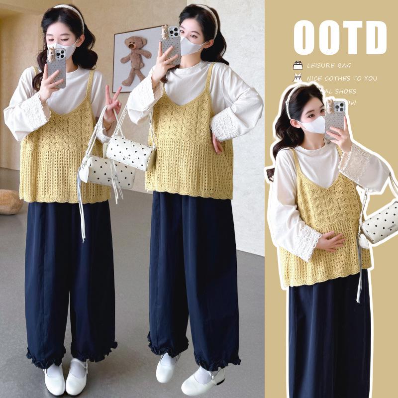 2026 Spring Maternity Set: Patchwork Lace Top & Wide-Leg Pants with Pig Nose Buckle Medium