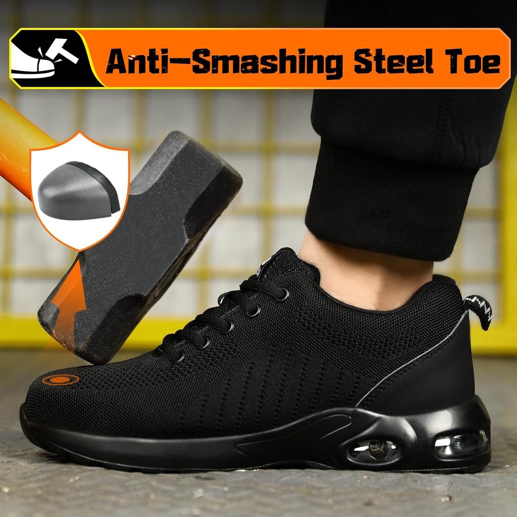 Luftkissen Arbeits-Sicherheitsschuhe Herren Damen Atmungsaktive Arbeits-Sneaker Stahlkappen-Schuhe Durchstichsichere Unzerstörbare Arbeitsstiefel Schwarz