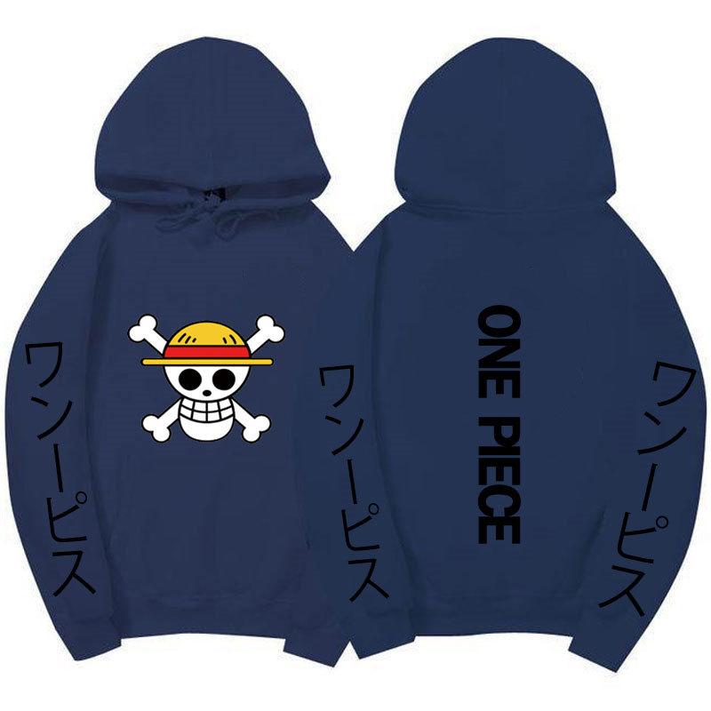 One Piece Straw Hat Jolly Roger Hoodie, Japanese Letter Sleeve Print Pullover Sweatshirt Unisex Casual Streetwear