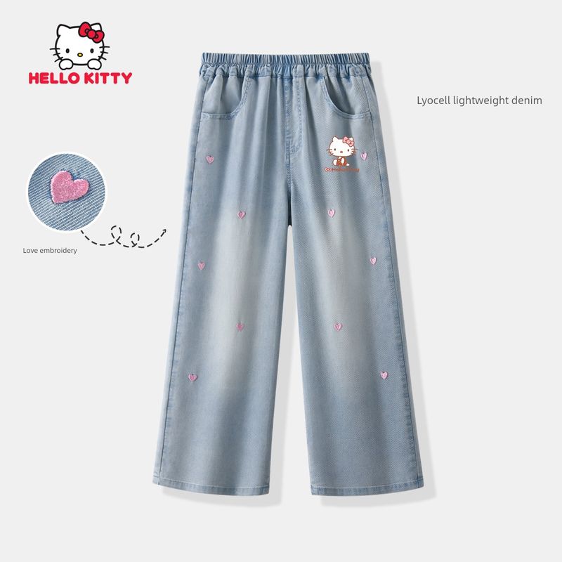 Hello Kitty Girls' Short-Sleeved Suit Summer 2025 New Style Fashionable Kidsren's Summer Clothes for Girls and Older Kidsren Jeans
