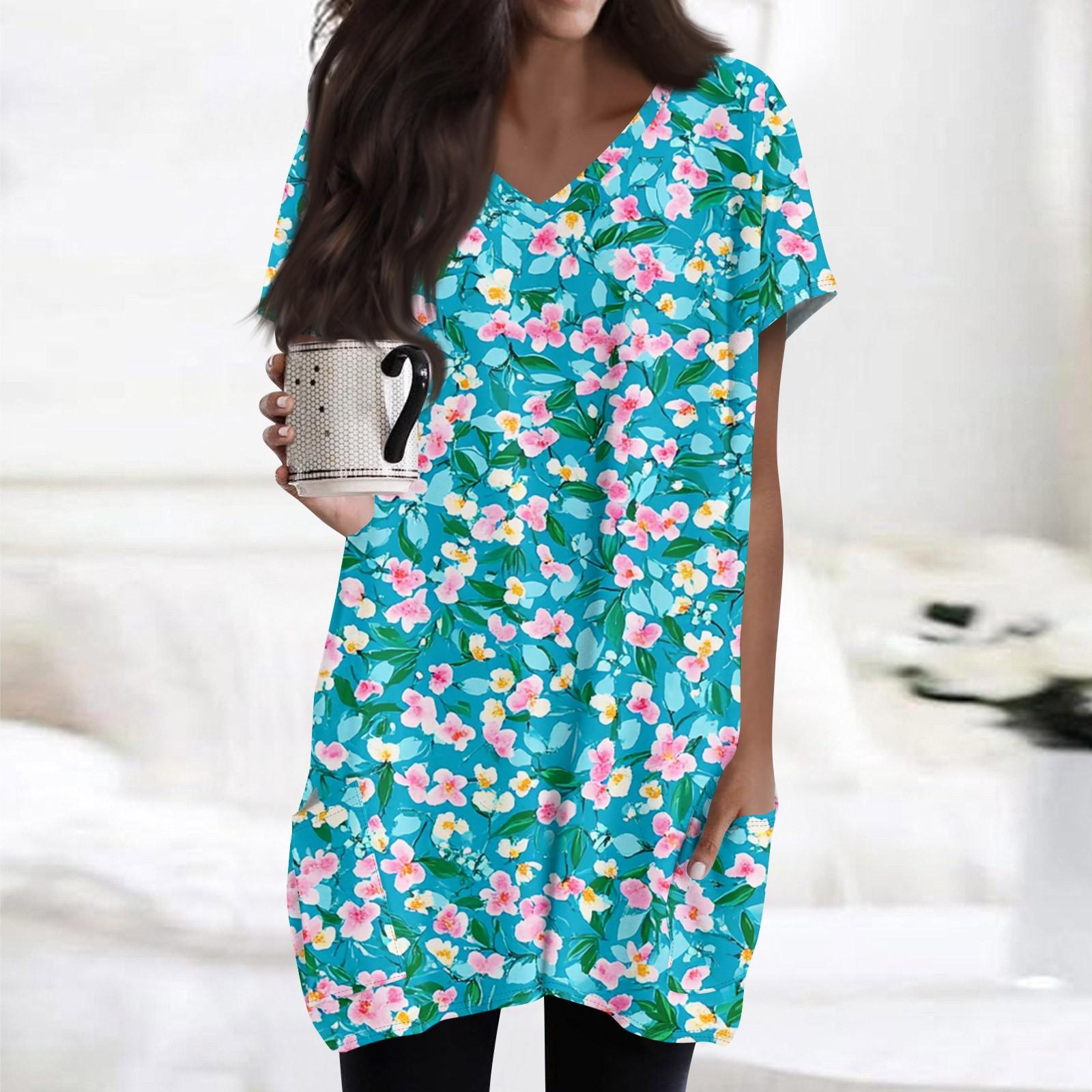 

Женский модный и повседневный топ с V-образным вырезом, цветочным принтом, средней длиной, карманом и короткими рукавами XL