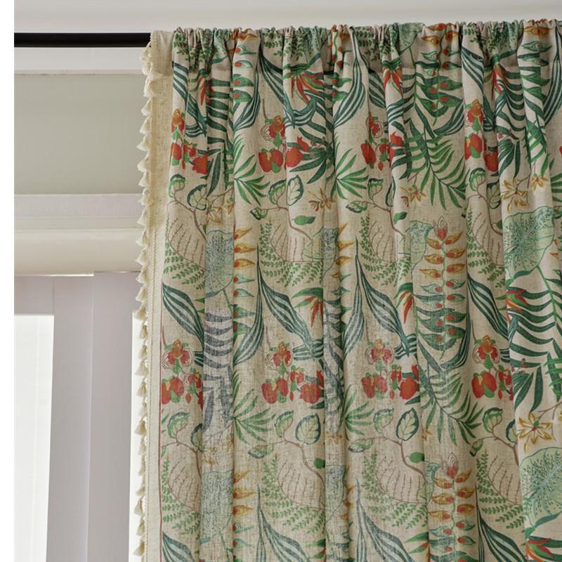 

Green Plant Imitation Cotton Linen Semi-blackout Fringe Curtain American Style Country Retro Decorative Curtain Fabric Finished W150 x H160cm&Rod Pocket