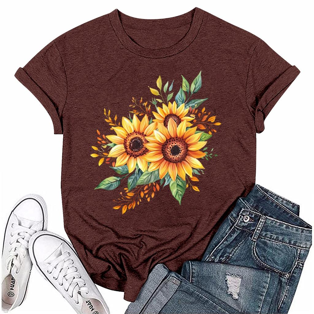 Women Fashion Printed Round Neck Short Sleeve T-Shirt Pullover Top