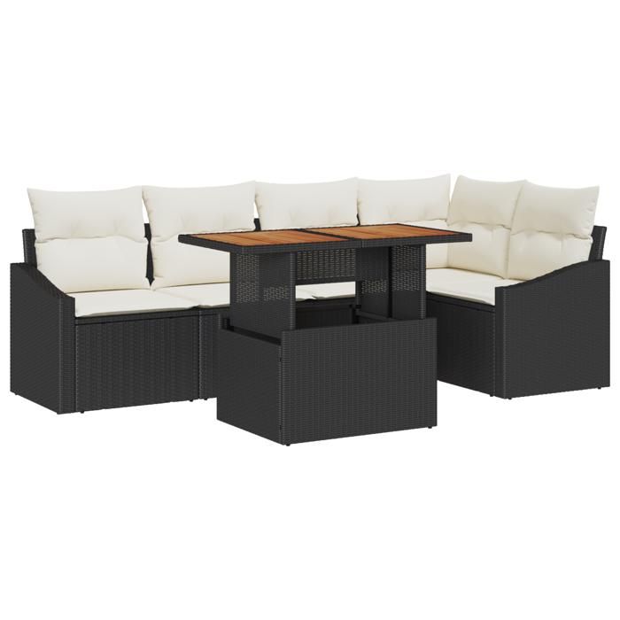 VidaXL Ensemble de dining jardin 6 pièces avec coussins noir en poly rattan et acacia 3349837
