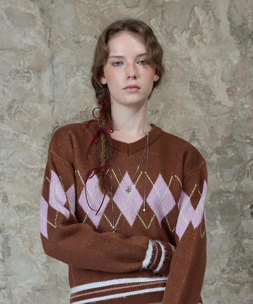 LARTIGENT L13 Argyle V-Neck Knit(Brown)