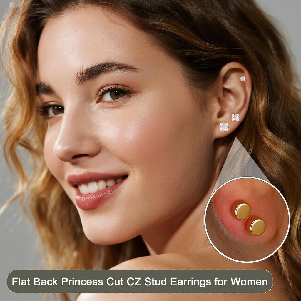 Square Cubic Zirconia Stud Earrings Set, 3mm 4mm 5mm, 14K Gold Filled Surgical Steel Flat Back Hypoallergenic Jewelry for Men Women Sensitive Ears