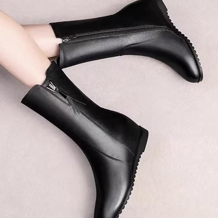 2025 autumn and winter new flat bottom inner height increase medium boots versatile side zipper round head Martin boots mother leather boots