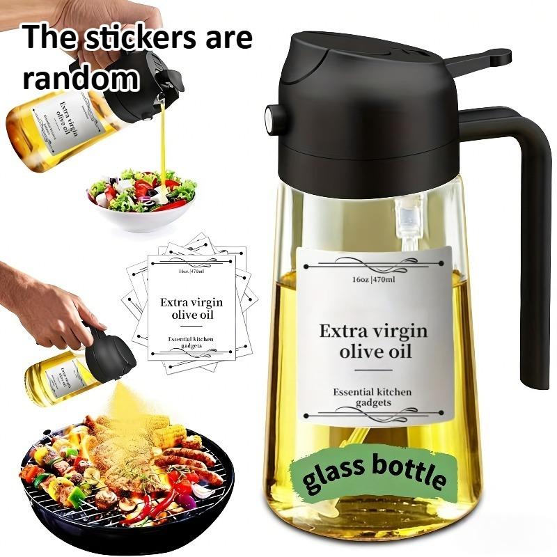 1pc 2-in-1 Olive Oil Dispenser & Sprayer, 16oz/470ml Dark Green Bottle, Durable Plastic with 6 Stickers, Kitchen Cooking Gadget