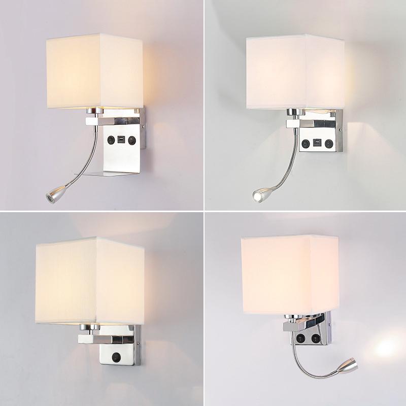 Modern American Fabric Wall Lamp with USB Charge - Hotel Bedroom Reading Light