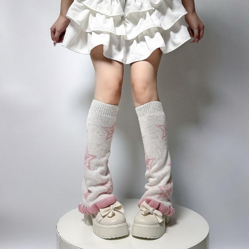 Punk Women Leg Warmers Japanese Aesthetic Star Pattern Flared Knitted Foot Cover Ruffle Trim Long Stockings Streetwear