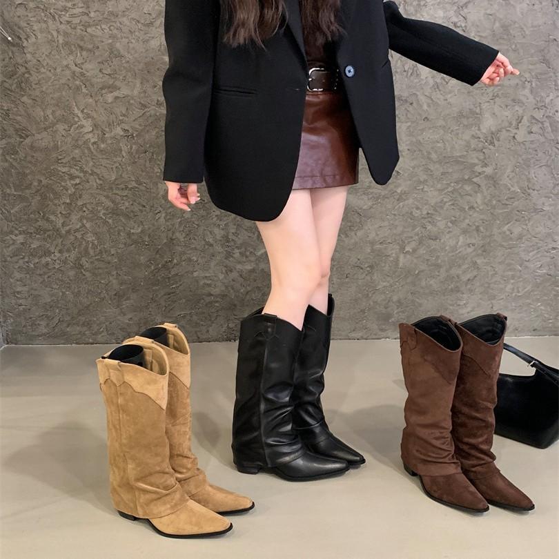 inner suede pleated piled boots women's 2025 autumn and winter new pointed western cowboy boots but knee boots women