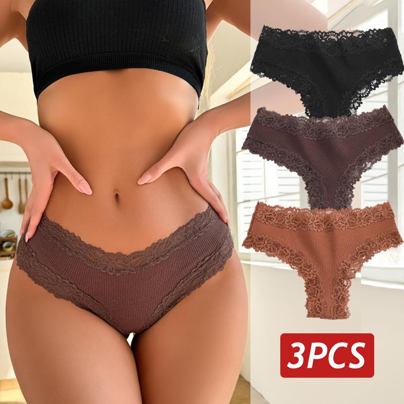 3PCS/Set Sexy Lace Panties for Women Cotton Brazilian Panties Female Low Rise Breathable Underwear Solid Colors Floral Lingerie