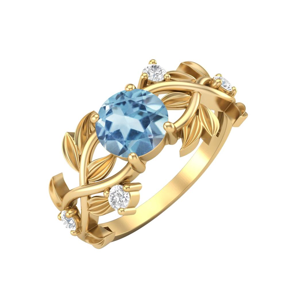 6MM Round Blue Topaz Gemstone 925 Sterling Silver Gold Plated Solitaire Ring