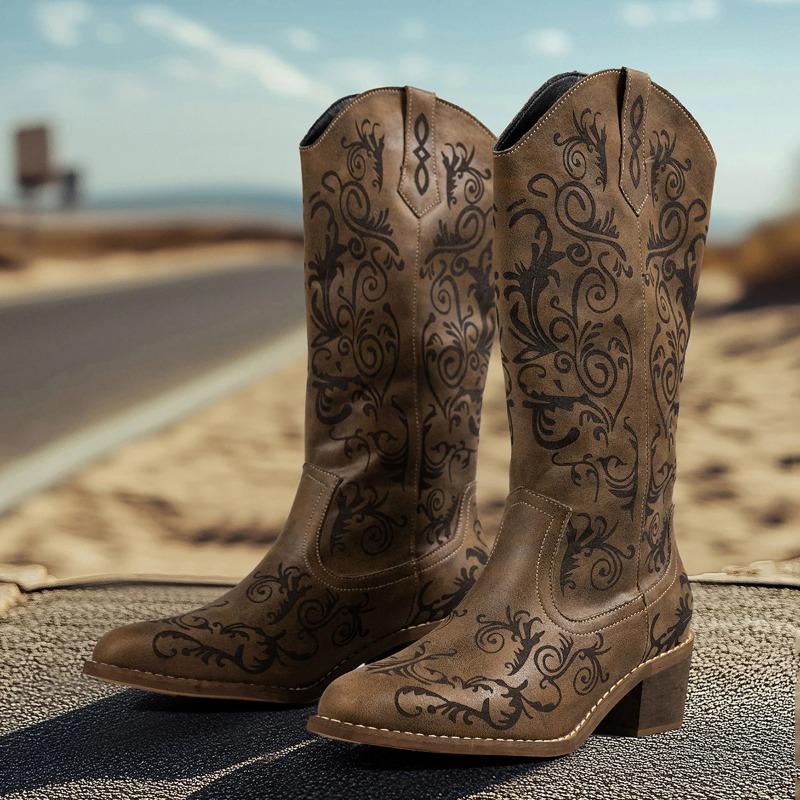 Fashion The 2025 Winter New Round-toed Thick-heeled Long-leg Knight Boots and Retro Embroidered V-neck Western Cowboy Boots