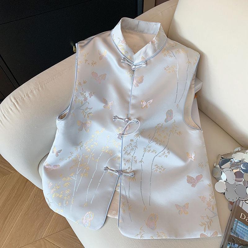 

2025 весна новый высококлассный топ без рукавов жаккардовый атлас воротник-стойка пряжка жилет женский 3XL (recommended 138-75 kg) белого золота