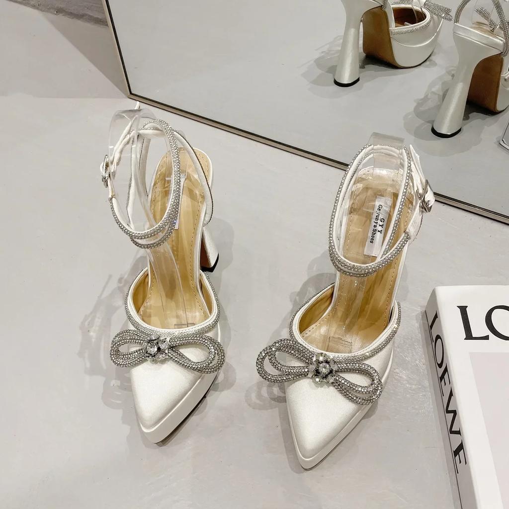 Fashion Brand Love Rhinestone/Flower Strap Sandals Model Show Bow Tie High Heels Thick Heel Waterproof Platform Size 35-43 Women's Shoes