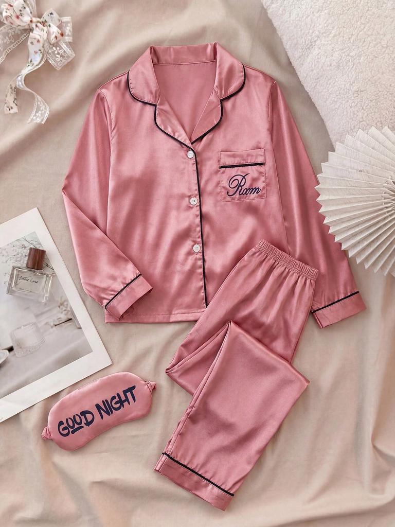 Set Pigiama Lungo Manica Lunga da Bambina in Raso Setoso Rosa Polveroso Ricamo Collo a Revers Bottone Pantaloni Lunghi Loungewear Pigiama per Ragazze Teen 8-12Y
