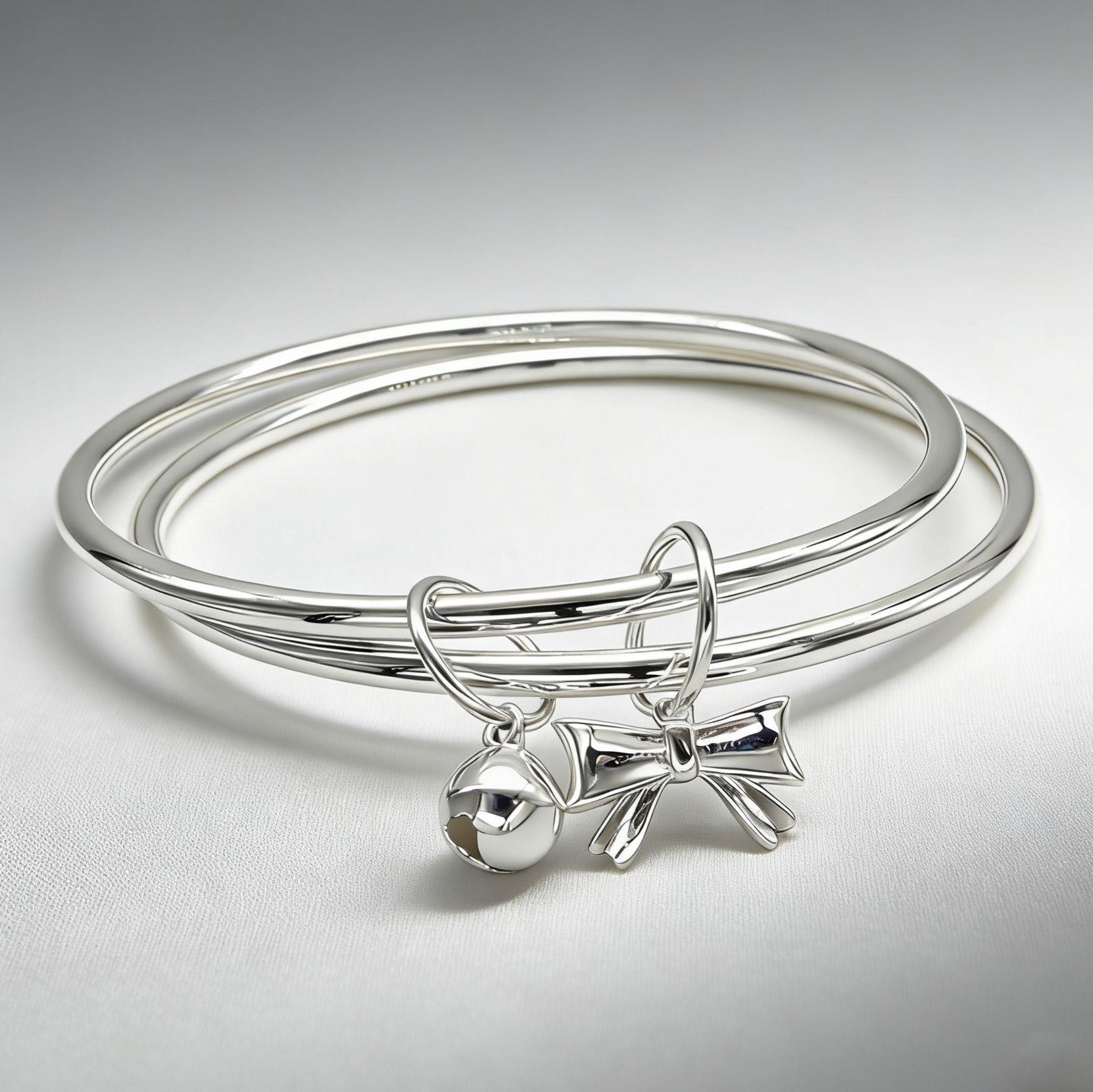 

Exquisite White Copper Silver Bracelet for Women - Three Lives, Bow Knot, Bell Charm, Perfect Gift for Girlfriend. Double Ring Bow Knot Bell Bracelet 62