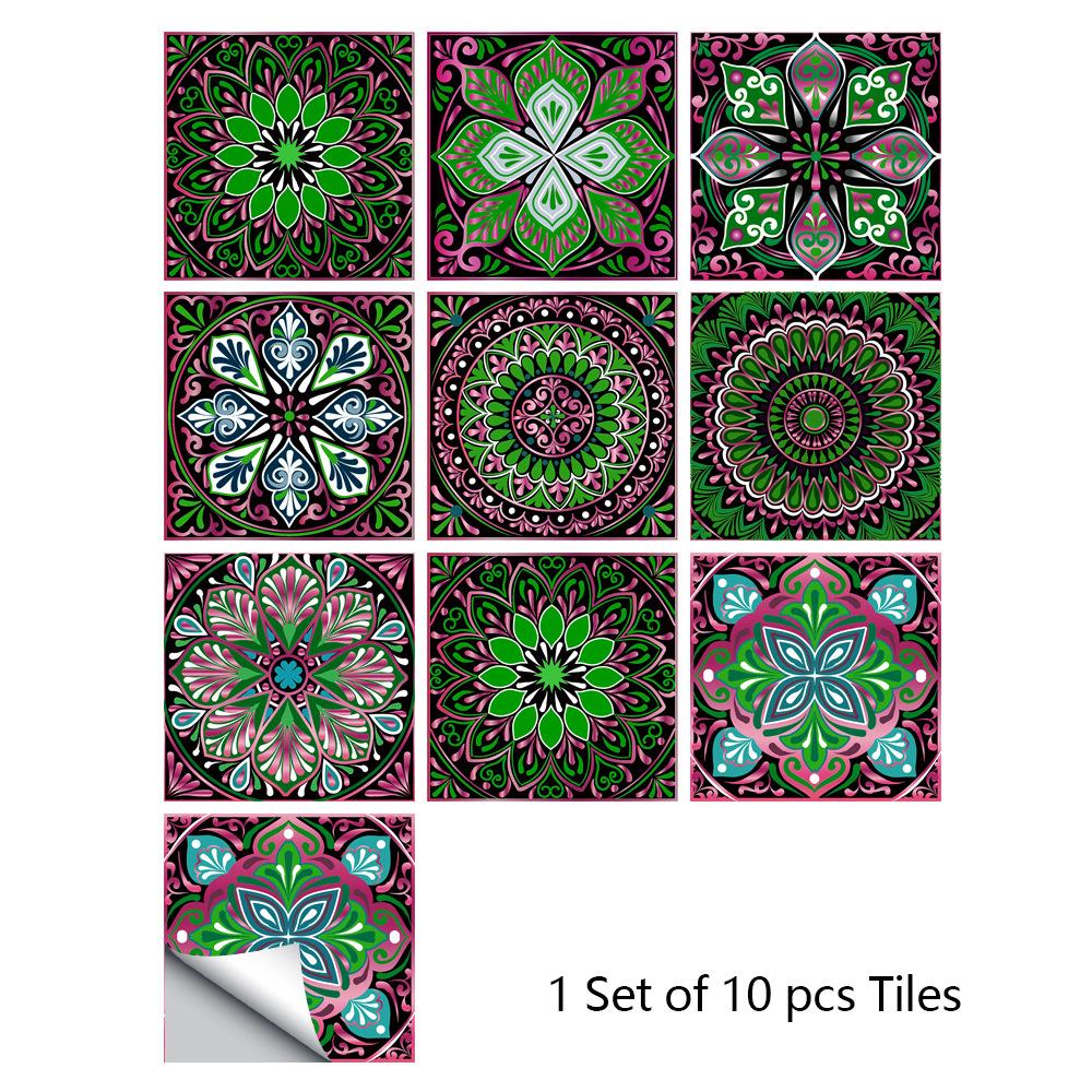 10pcs Mandala Crystal Hard Tiles Ceramic Wall Stickers Peel Stick Decals for Kitchen Wardrobe Home Decor Art Mural DIY